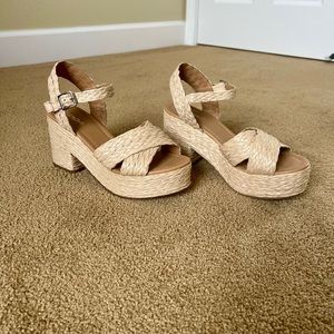 Soda nude color woven chunky heel sandals with straps